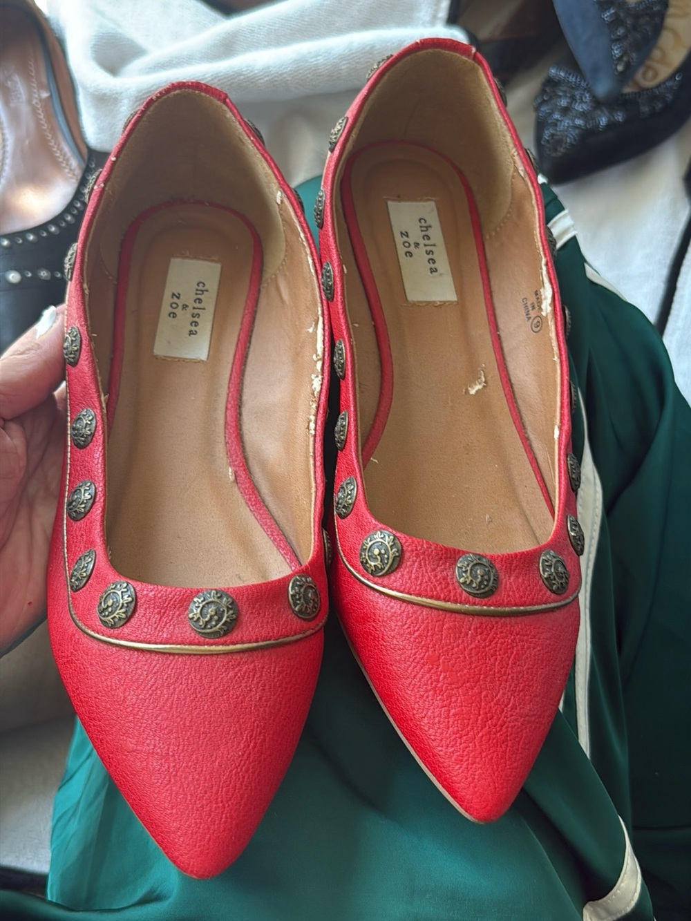Chelsea & Zoe Red Pointed-Toe Studded Flats